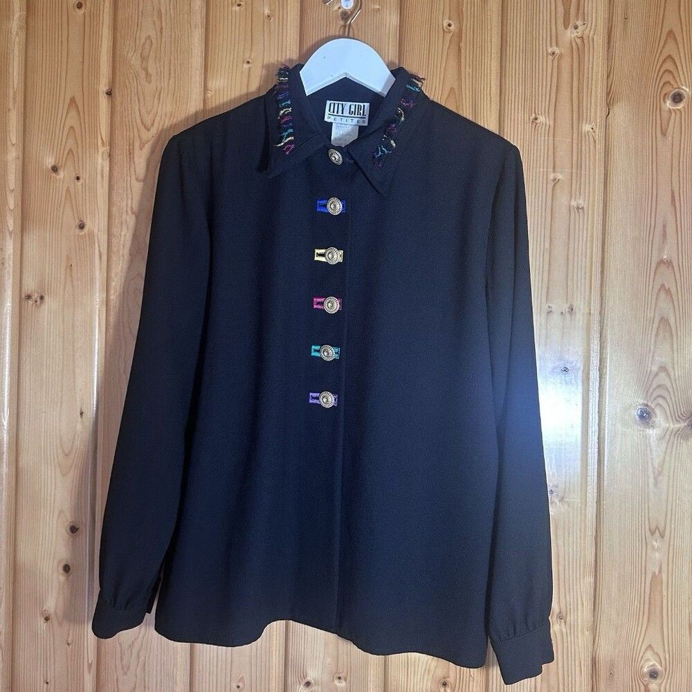 Vintage City Girl Petites Size 14 Black Blouse Ribbon Accent Gold Buttons USA